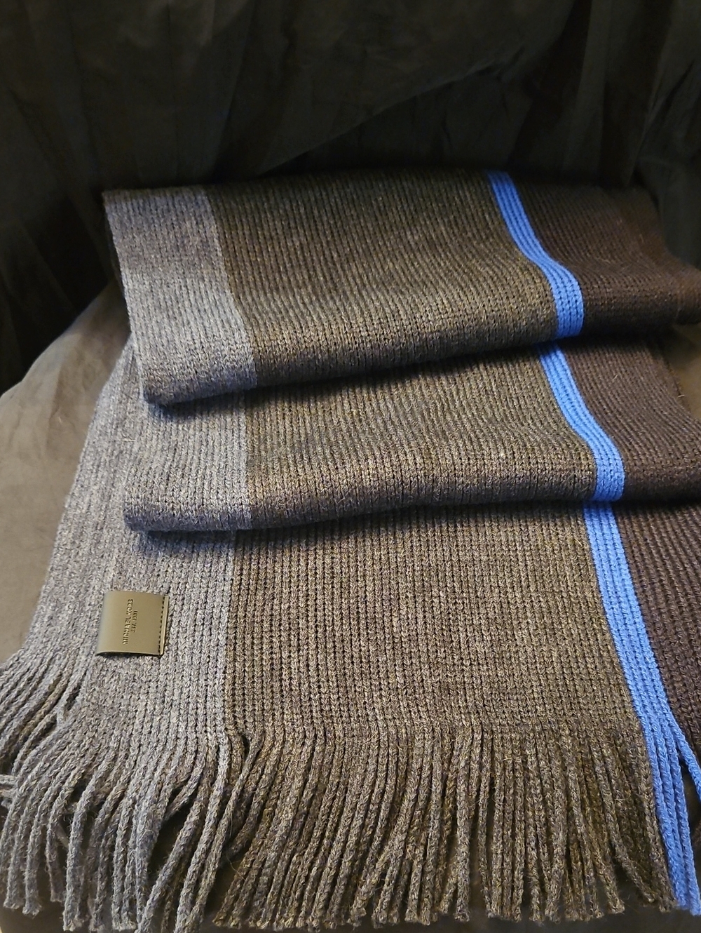 Michael Kors Brown Knit Scarf with Blue Accent Stripe